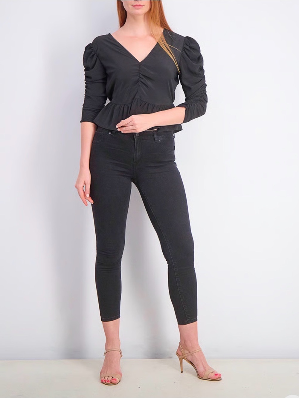 Topshop Black V-Neck Peplum Puff Sleeve Blouse - Picture 5 of 13